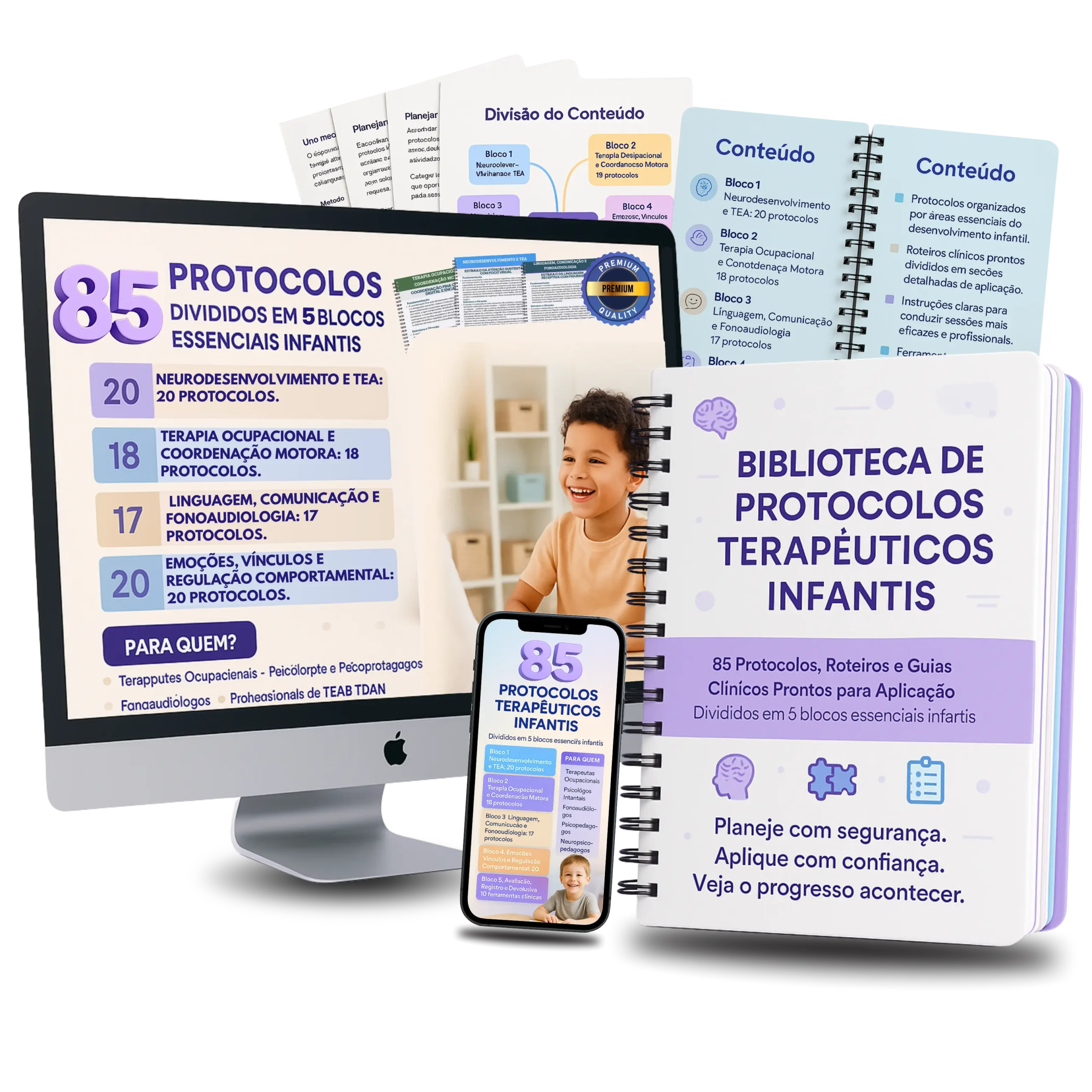 Mockup da Biblioteca de Protocolos Terapêuticos Infantis — 85 materiais prontos