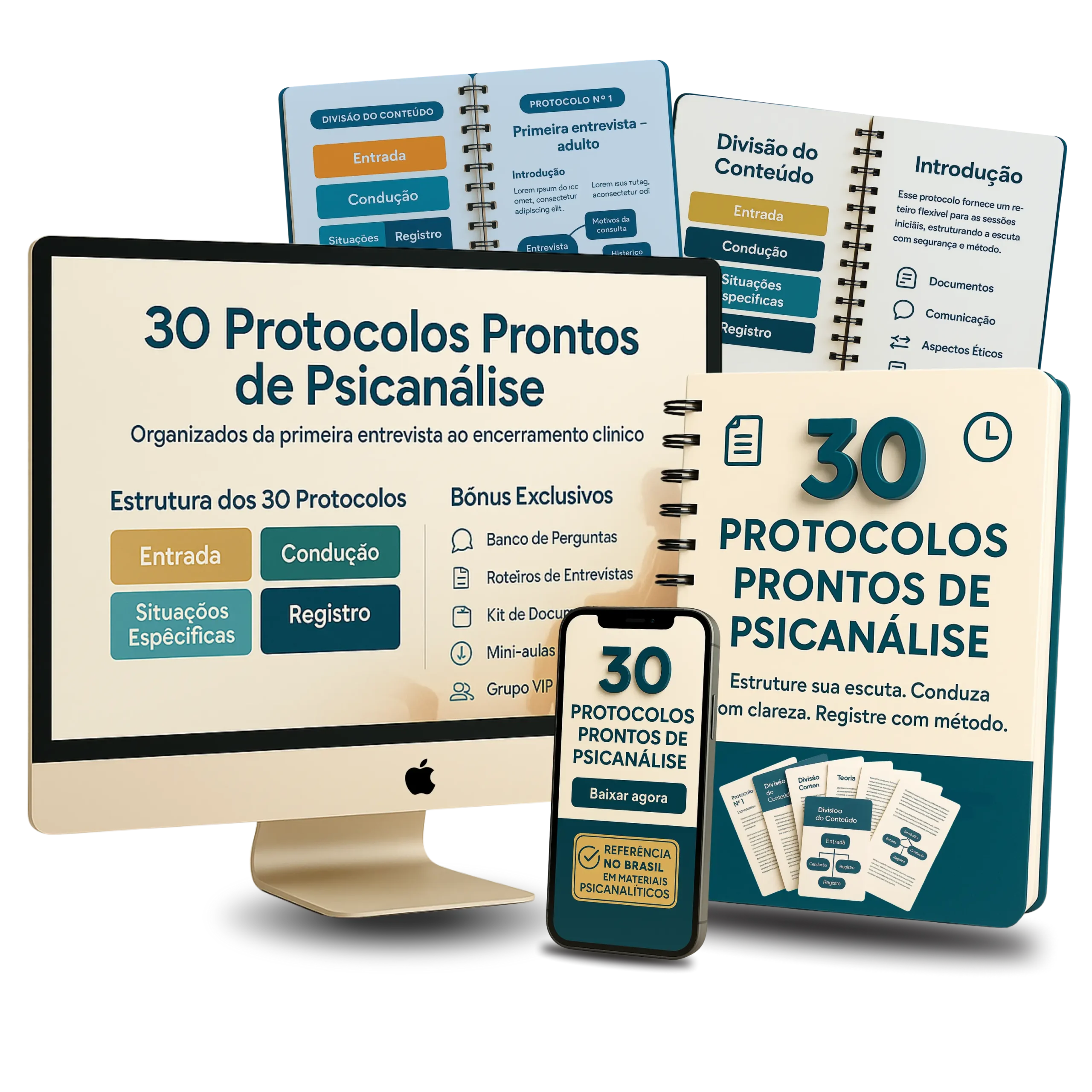 Mockup do toolkit — 30 Protocolos Prontos de Psicanálise (PDF + versões editáveis)